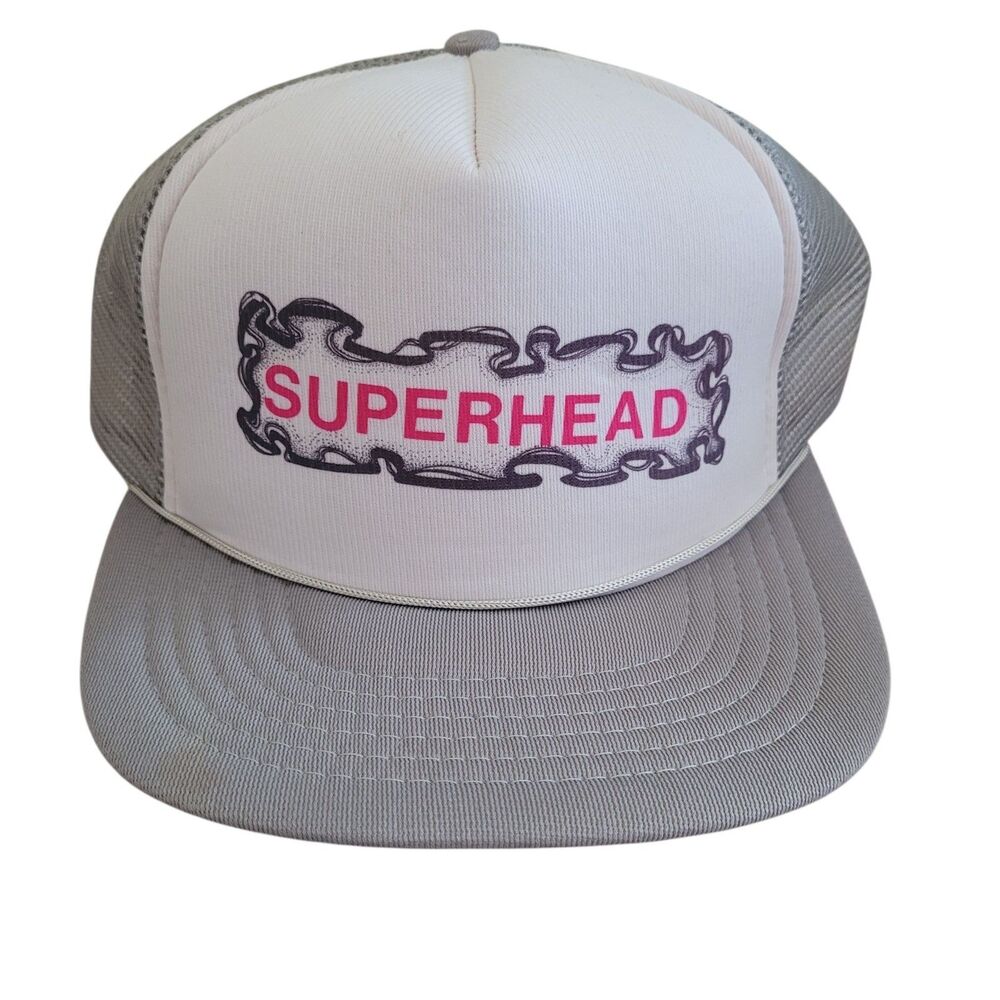 Vintage Superhead Trucker Hat One Size Snap Back Cap White Gray Classic Grunge